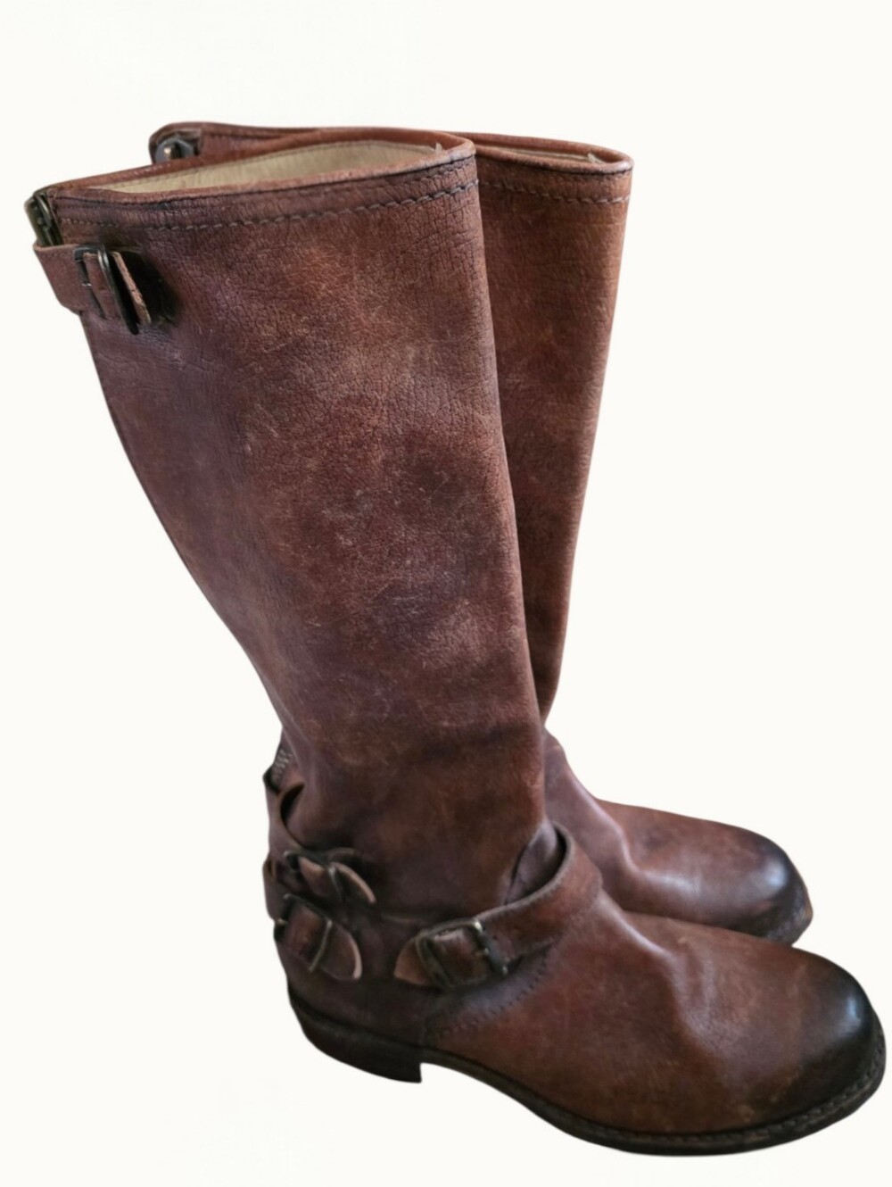 Frye Rustic Brown Leather Mid-Calf Buckle Boots. Ladies 9B